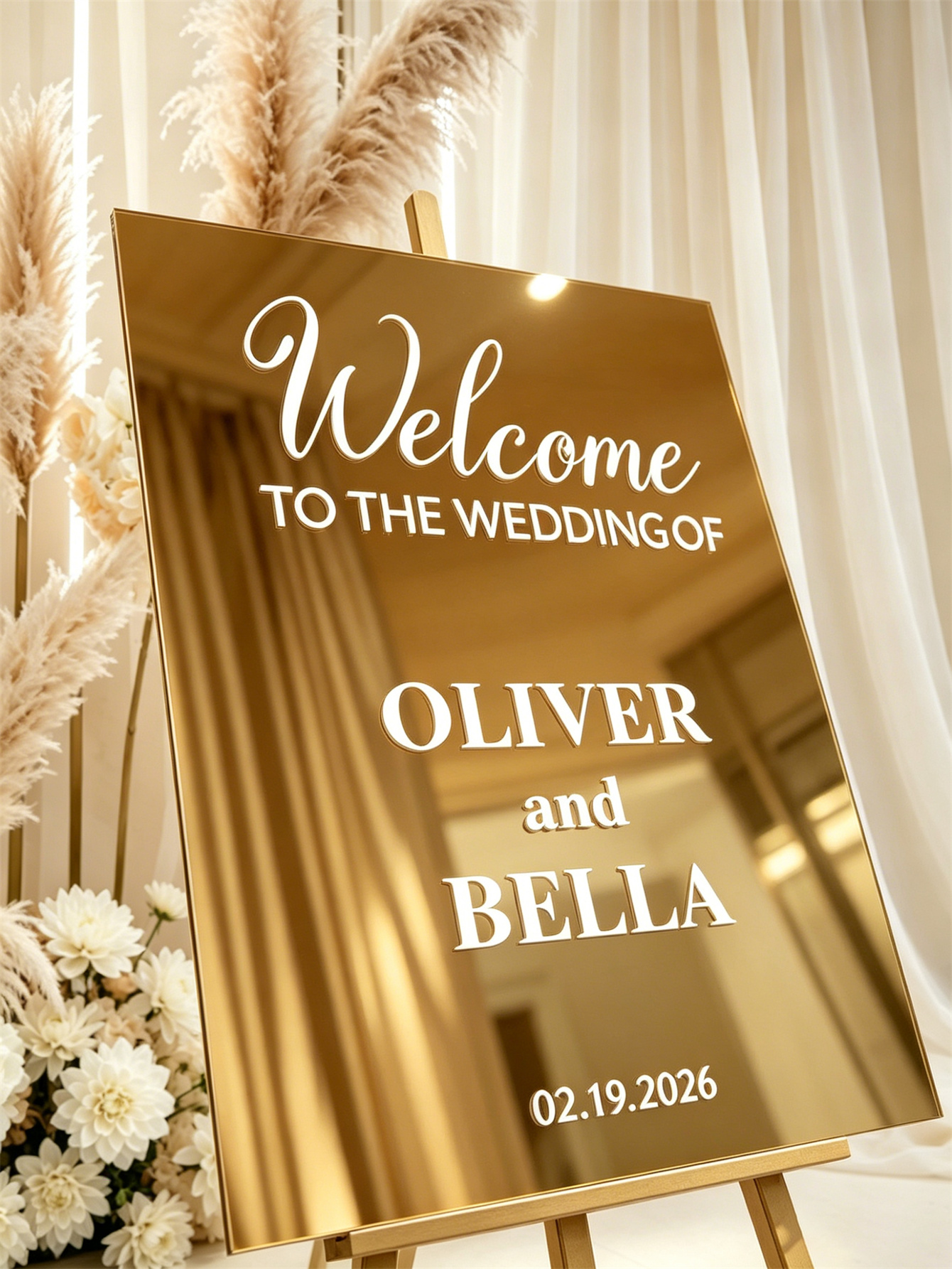 Mirror acrylic welcome signs, golden mirror wedding direction signs, custom wedding direction signs, ceremony welcome signs